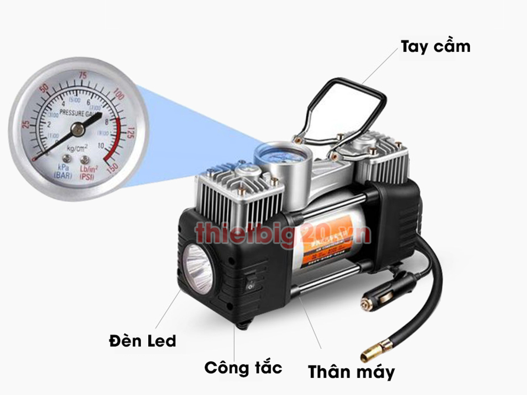 Thông số kỹ thuật máy bơm lốp 2 xi-lanh bản cao cấp, tích hợp đèn pin, đồng hồ cơ 