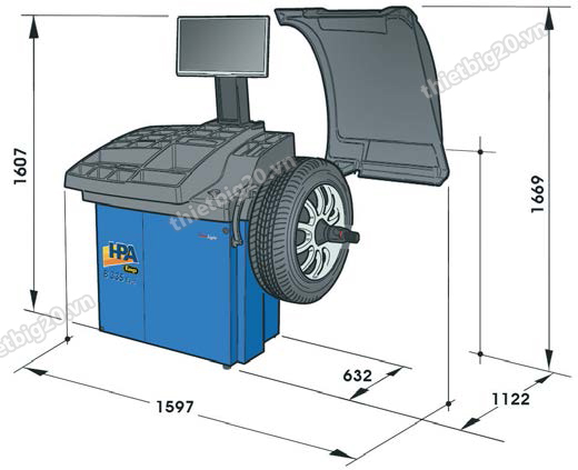 kích thước máy cân bằng lốp ô tô HPA B335 EVO 