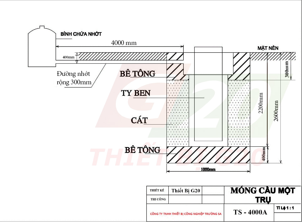 Bản vẽ kỹ thuật móng cầu nâng 1 trụ rửa xe Việt Nam