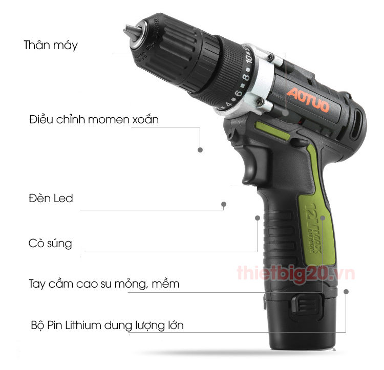 Máy khoan vặn vít dùng pin 2 tốc độ Aotuo 12V, kèm 1 sạc + 1 pin + 25 chi tiết + vali nhựa