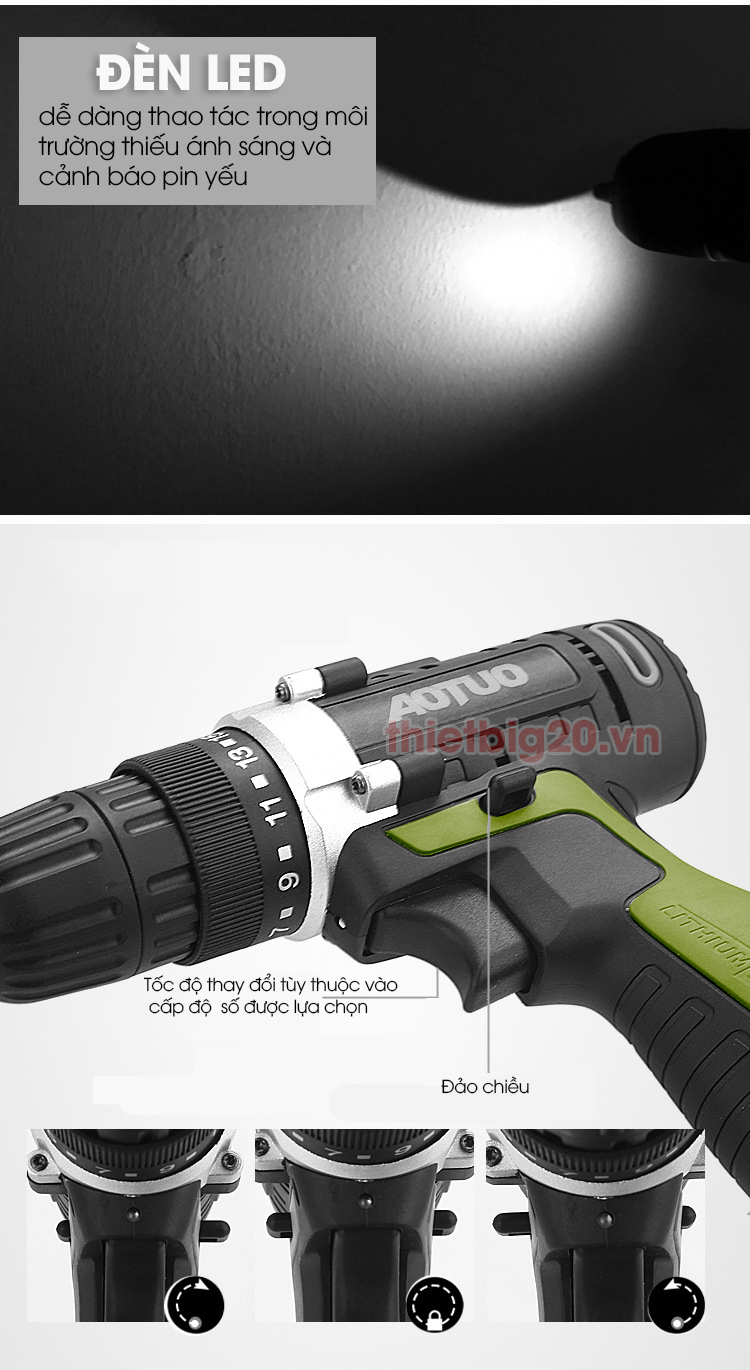 Máy khoan vặn vít dùng pin 2 tốc độ Aotuo 12V, kèm 1 sạc + 1 pin + 25 chi tiết + vali nhựa