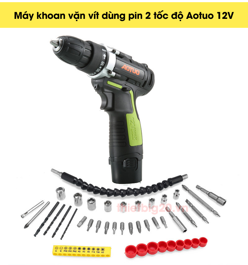 Máy khoan vặn vít dùng pin 2 tốc độ Aotuo 12V, kèm 1 sạc + 1 pin + 25 chi tiết + vali nhựa