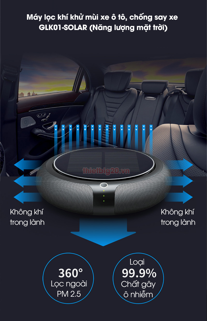 Máy lọc khí khử mùi xe ô tô, chống say xe GLK01-SOLAR (Năng lượng mặt trời)