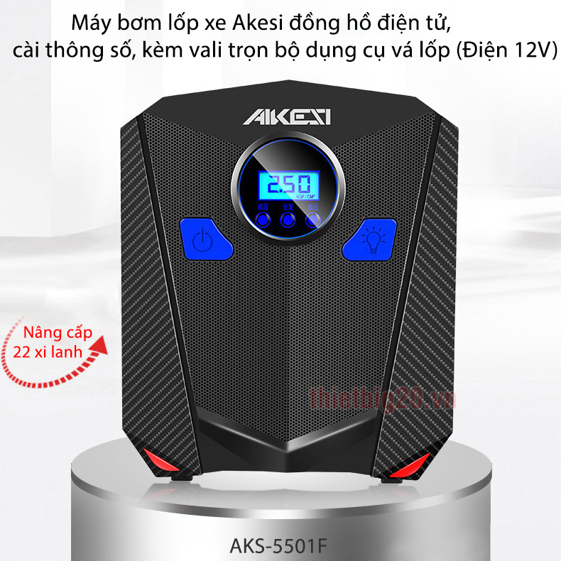 Máy bơm lốp xe Akesi đồng hồ điện tử, cài thông số, kèm vali trọn bộ dụng cụ vá lốp (Điện 12V)