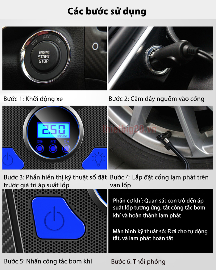 Các bước sử bụng máy bơm lốp xe