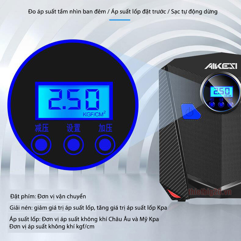 Máy bơm lốp xe Akesi đồng hồ điện tử, cài thông số, kèm vali trọn bộ dụng cụ vá lốp