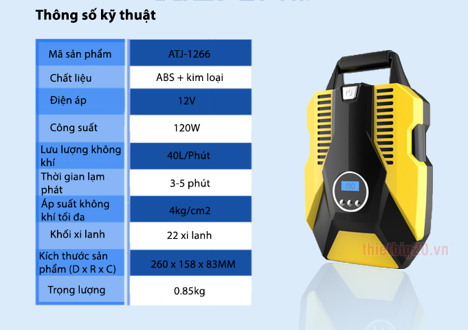 Thông số kỹ thuật máy bơm lốp xe con ATJ-1266 - Đồng hồ điện tử