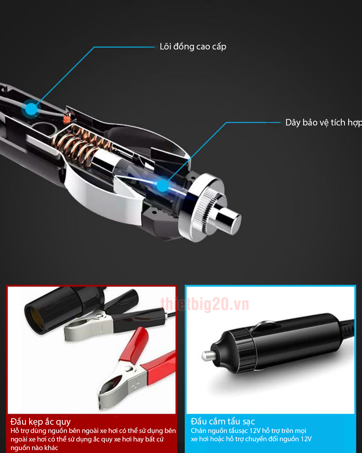 Máy bơm hơi, bơm lốp xe 2 xi-lanh, có đèn pin, đồng hồ cơ, kèm vali cứu hộ lốp 