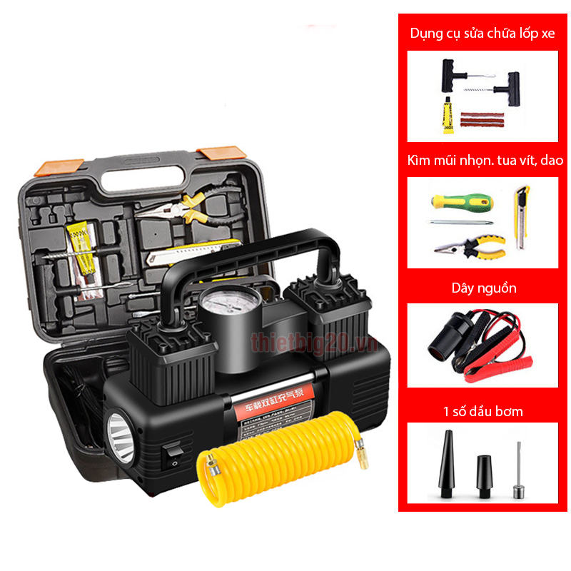 Máy bơm hơi, bơm lốp xe 2 xi-lanh, có đèn pin, đồng hồ cơ, kèm vali cứu hộ lốp (Điện 12V)