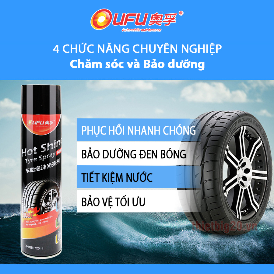 Chức năng chai xịt bóng đen, dưỡng lốp ô tô, phòng rạn nứt vỏ UFU Hot Shine Tyre Spray - 720ml
