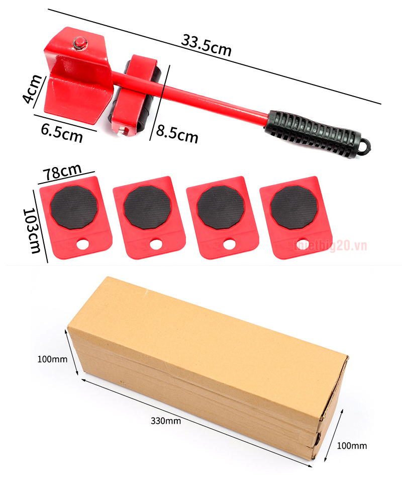 Kích thước bộ dụng cụ nâng hàng, di chuyển đồ đạc tải trọng 100kg, 5 chi tiết MF-9002