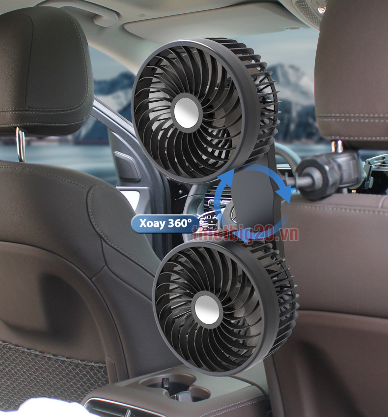 Quạt xe ô tô đôi gắn lưng ghế xoay 360 độ