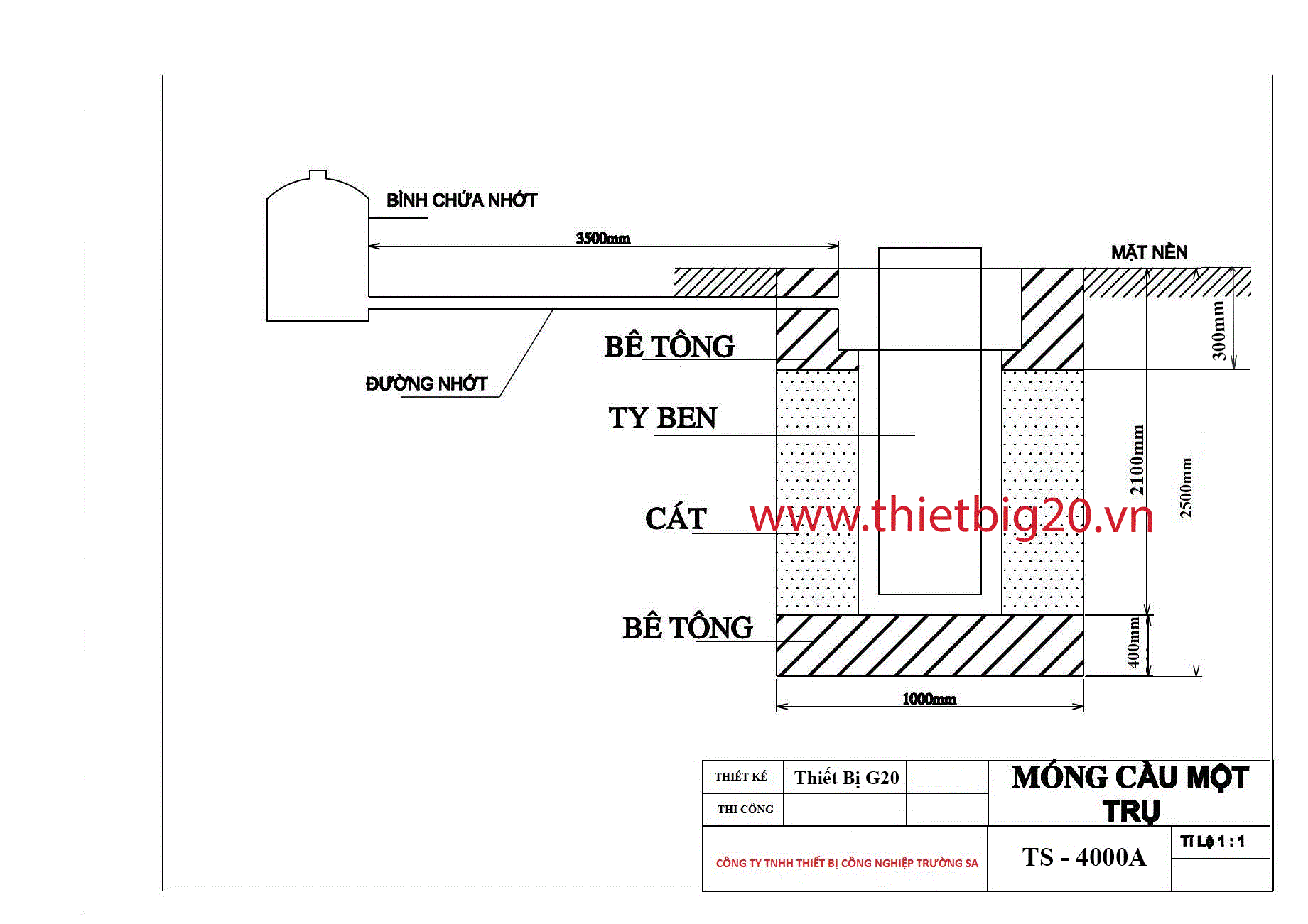 Bản vẽ đào móng cầu nâng 1 trụ đặt nổi TS – 4000A
