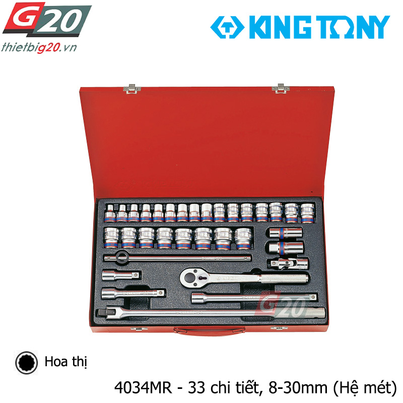 Bộ khẩu tuýp hoa thị 1/2'' Kingtony 4034MR - 33 chi tiết, 8-30mm (Hệ mét)