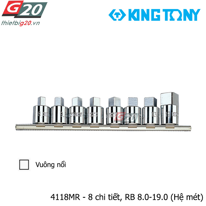 Bộ khẩu đầu vuông nổi 1/2'' Kingtony 4118MR - 8 chi tiết, RB 8.0-19.0 (Hệ mét)