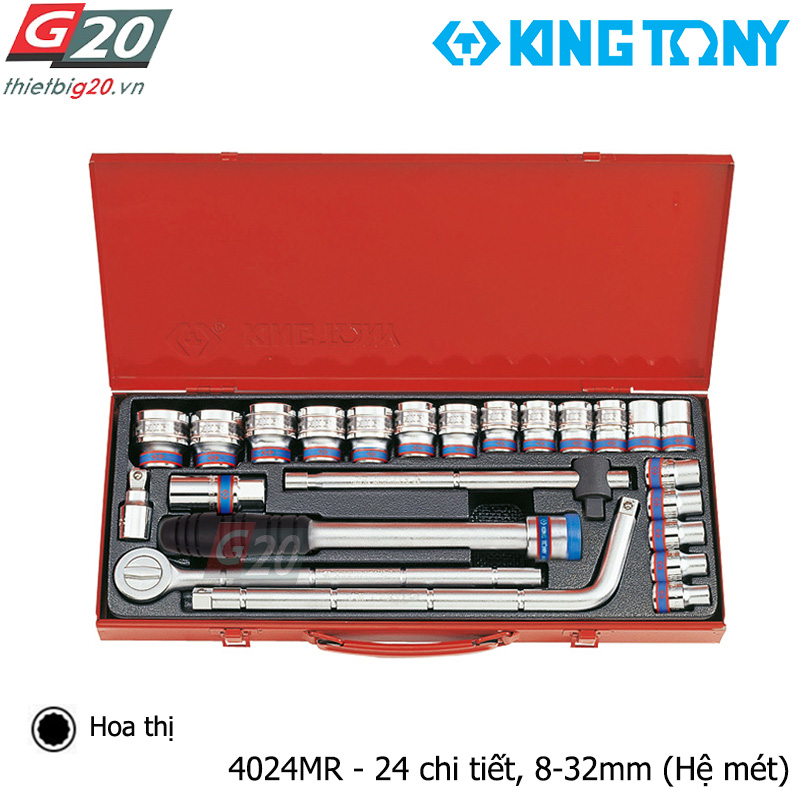 Bộ khẩu tuýp hoa thị 1/2'' Kingtony 4024MR - 24 chi tiết, 8-32mm (Hệ mét)